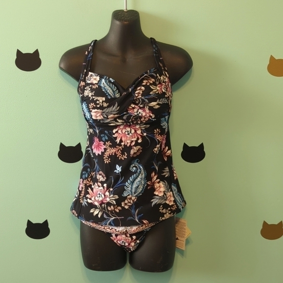 𝅺SEAFOLLY Tankini Bikini Halter Black Floral US 6 New - Picture 1 of 8